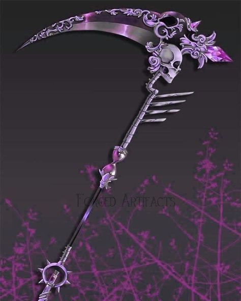 Nature Scythe Design, Sickle Character Design, Fantasy Scythe With Chain, Tongkat Sihir Aesthetic, Scythe Fantasy Art, Fantasy Scythe Concept Art, Four Armed Oc, Aesthetic Scythe, Sickle Aesthetic