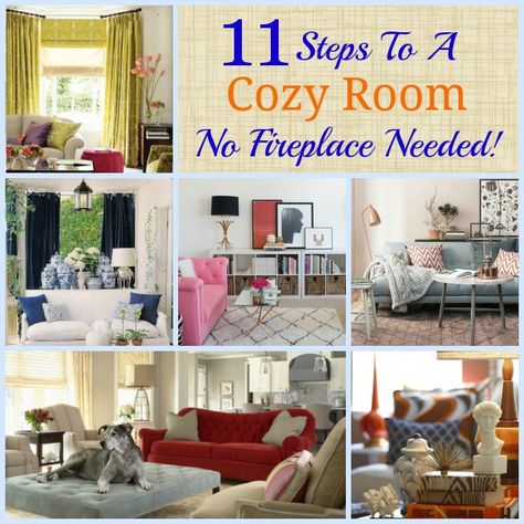 Worthing Court: 11 Steps to a Cozy Room - No fireplace needed! Living Room Without Fireplace, Rustic Sofa Tables, Shiplap Walls, Rustic Sofa, Brick Fireplace Makeover, Small Family Room, Bookcase Decor, Cosy Room, Focal Points