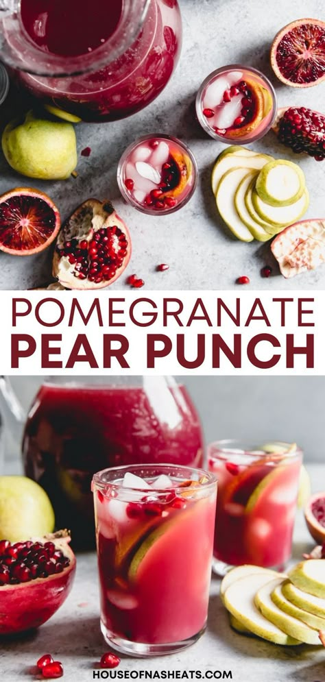 Pear Punch, Pear Drinks, Fruit Pomegranate, Pomegranate Drinks, Thanksgiving Punch, Drinks Nonalcoholic, Holiday Drinks Alcohol, Holiday Punch Recipe, Alcoholic Punch Recipes