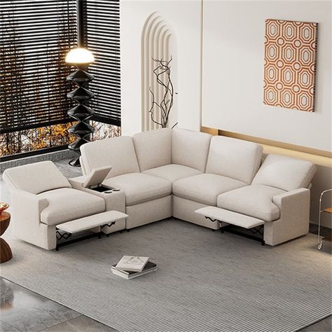 Product Features  Power Reclining Mechanism - This profoundly indulgent sectional sofa features a power reclining mechanism, including 2 recliners, with two power reclining buttons on both sides. Beige Sectional Sofa Living Room Ideas, Living Room Recliner Sofa, Couch Recliner Living Room, Recliner Sofa Living Room Decor, Reclining Sectional Living Room, Recliners In Living Room, Corner Sofa With Storage, Recliner Sectional, Reclining Sofa Living Room