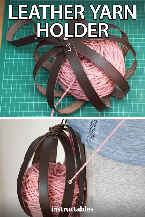 FernMakes shares how to make a leather yarn holder or portable knitting / crochet helper using leather strips. #Instructables #leatherworking #crafts #knitting #crochet Leather Diy Gifts For Men, Leatherworking Projects Ideas, Leather Crafting Ideas, No Sew Leather Projects, Beginner Leather Projects, Simple Leather Projects, Easy Leather Projects, Leather Diy Projects, Yarn Bowls Diy