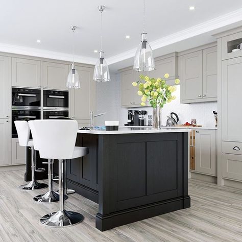 Island Inspiration  Choose a fabulous kitchen island such as this one with feature door end panels skirting plinths solid oak inset trays and chopping boards.  Kitchen Collection: Madison Cashmere & Graphite . . #madison #kitchenstori #kitchens #welovekitchens #classyinteriors #interiordesign #design #furniture #homedecor #homedesign #interiorandhome #interior4all #interiordecor #interiors #decoration #interiordecoration #decor #luxuryhomes #dreamhome #interior123 #homestyling #livingroomdecor # In Frame Kitchen, Kitchens Islands, Cashmere Kitchen, Kitchen 2022, Tall Unit, Frame Kitchen, London Kitchen, Accessories Classic, Fabulous Kitchens