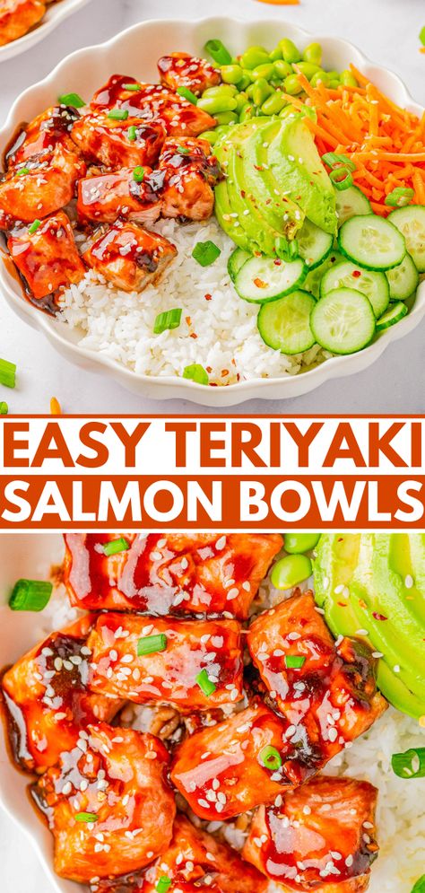 Easy Teriyaki Salmon Bowls — 🍣🍚🥑🥕Flaky pieces of salmon are coated in a SIMPLE yet FLAVORFUL homemade teriyaki sauce and served over a bed of rice! The bowls are loaded with carrots, cucumber, avocado, and edamame and then drizzled with EVEN MORE teriyaki sauce! Salmon bowls are the perfect meal-in-one with protein, carbs, and vegetables served altogether! Asian Recipes Salmon, Spicy Salmon Teriyaki Bowl, Salmon Bowls Healthy Dinners, Teriyaki Salmon Sushi Bowl, Salmon Easy Recipe Simple, Teriyaki Salmon Bowl Recipe, Salmon Bowl Sauce, Salmon Bowls Recipes, Easy Salmon Bowl Recipes