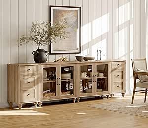 The 4-in-1 large buffet table can be used separately as two glass cabinets and two end tables. In addition to kitchen buffet cabinet, it can be used as entertainment center, console table, etc. Dimension of Glass Cabinet: 33.9"×15.7"×30.9"(L×W×H). Dimension of Side Table: 16.5"×15.7"×30.9"(L×W×H). They are sent separately in three packages, so you may receive them at different times. Kitchen Buffet Cabinet, Writing Room, Dining Ideas, Kitchen Buffet, Wide Sideboard, Large Sideboard, Kitchen Sideboard, Glass Cabinet Doors, Buffet Cabinet