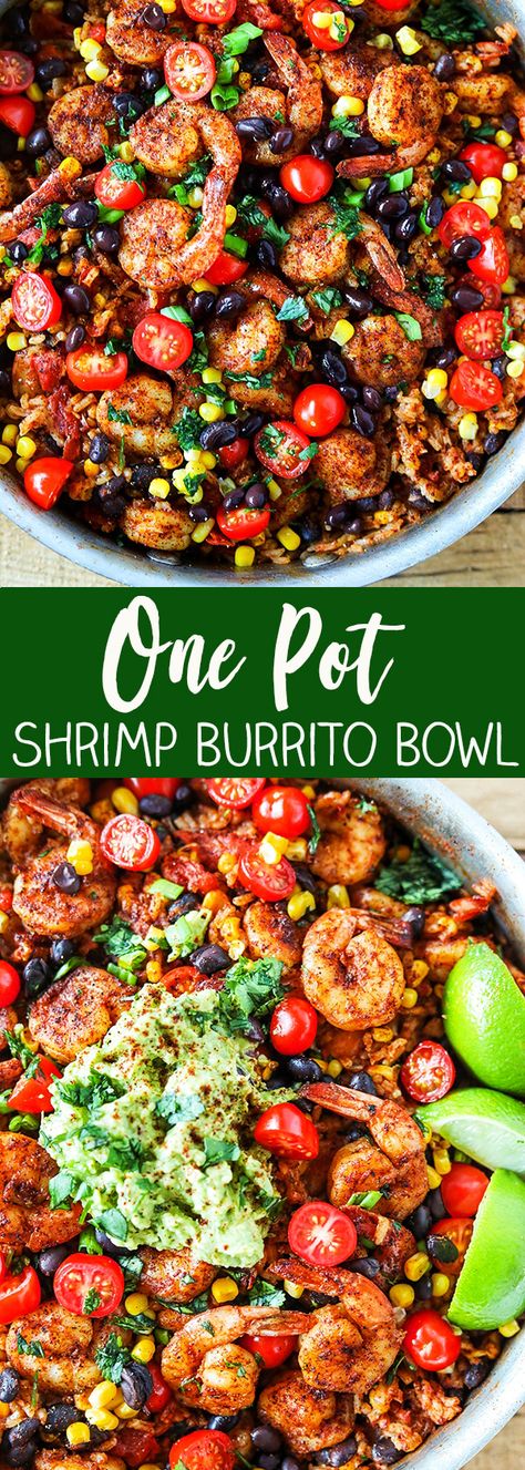 One Pot Shrimp Burrito Bowl - gluten-free and dairy-free. Easy family friendly one-pot dinner idea! Seasoned shrimp with a squeeze of fresh lime juice, tender black beans, sweet yellow corn, fire roasted tomatoes and homemade mexican rice, all in one pot!! Shrimp Burrito Bowl, One Pot Shrimp, Homemade Mexican Rice, Shrimp Burrito, Seasoned Shrimp, Potted Shrimp, Pastas Recipes, Homemade Mexican, Burrito Bowls