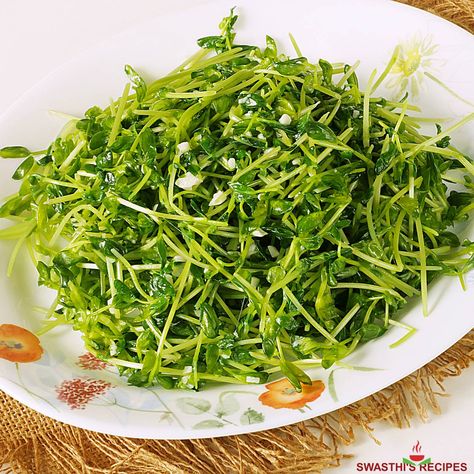 Pea Shoots Recipe - Swasthi's Recipes Pea Shoots Recipe, Fried Rice Dishes, Pea Shoots, Schezwan Sauce, Stir Fry Rice, Healthy Sides, Crushed Garlic, Cooking Prep, Red Lentil