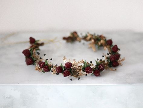 Gold burgundy flower crown flower halo with raspberries dark | Etsy Burgundy Flower Crown, Wedding Hair Crown, Flower Crown Bridesmaid, Headpiece Wedding Hair, Flower Crown Hairstyle, Flower Halo, Hair Crown, Crown Flower, Dark Wedding