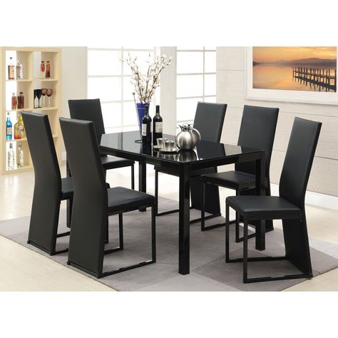 Orren Ellis Delbarton 7 Piece Dining Set | Wayfair Black Glass Dining Table, Dinning Room Sets, Metal Dining Room, Vinyl Chairs, Solid Wood Dining Set, Dark Metal, Dinette Sets, 7 Piece Dining Set, Rectangle Dining Table