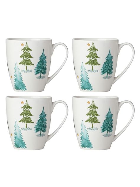 Painted Pine Trees, Holiday Dining, Bird Artwork, Porcelain Dinnerware, Evergreen Trees, Product Feature, Coffee Mug Sets, Mug Set, Canister Sets