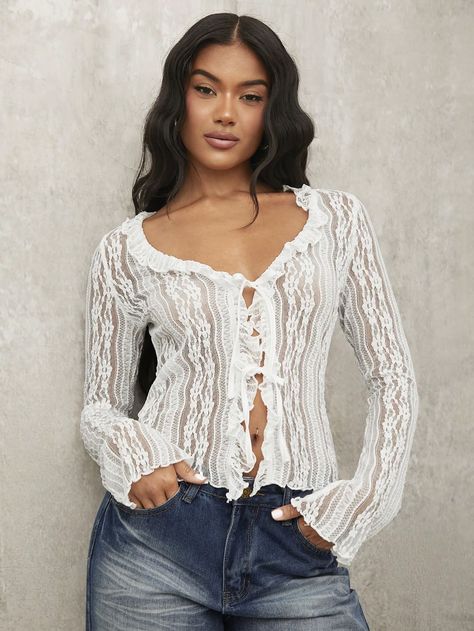 See Threw Top Outfit, Lace See Threw Top Outfit, White Lace Top Outfit, Lace Cardigan Outfit, Lace Top Outfit White, Tie Front Top Outfit, Lace White Top, Top Transparente, Haut Transparent