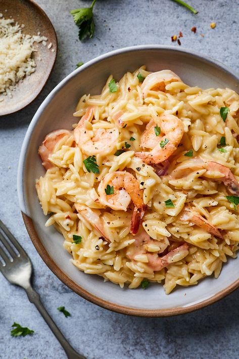 Fish Orzo Recipes, Fish With Orzo, Creamy Shrimp Recipes With Rice, Garlic Butter Prawn Orzo, Shrimp Scampi Orzo Recipes, Lemon Shrimp Orzo Recipes, Lemon Orzo With Shrimp, Fish And Orzo Recipes, Orzo Seafood Recipes