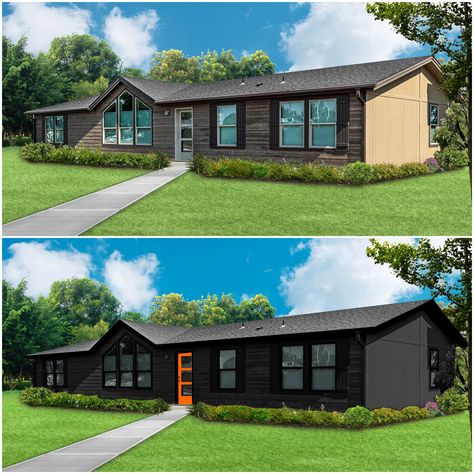 A modern contemporary before and after of a Manufactured modular prefab mobile home by Kit Custom Home Builders. Digitally rendered in black exterior paint and trim with an orange front door. Manufactured Home Window Trim, Black Manufactured Home Exterior, Black Modular Home, Black Manufactured Home, Mobile Home Modern, Black Mobile Home, Mobile Home Painting Exterior, Black Mobile Home Exterior, Diy Exterior Makeover