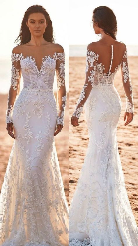 Wedding Dresses Plunging Neckline, Unique Wedding Dresses Boho Vintage, Special Wedding Dress, Elegant Lace Wedding Dress, Tiki Wedding, Wedding Dress Mermaid, Wedding Dresses Mermaid, Beach Bridal Gown, Classy Wedding Dress