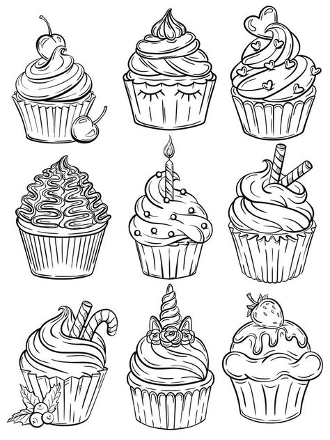 Cupcake Tattoos, Desserts Drawing, Cupcake Coloring Pages, Our Mindful Life, Peanut Butter And Banana, Cupcake Drawing, Cake Drawing, Food Coloring Pages, Procreate Stamps