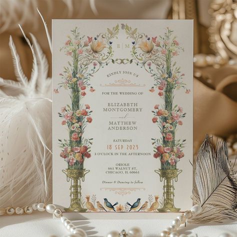 Classic Enchanted Garden Wedding Invitation w Victorian Style Wedding Invitations, Whimsical Garden Wedding Invitations, English Wedding Invitation Card, Garden Wedding Theme, Victorian Wedding Themes, Digital Wedding Card, Garden Wedding Invitation, Floral Archway, Enchanted Garden Wedding