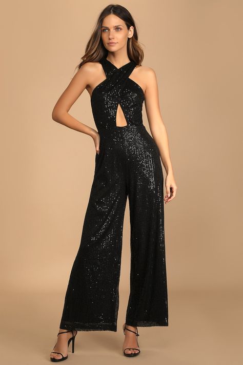 Feel like your best self in the Lulus Shining Confidence Black Sequin Cutout Halter Wide-Leg Jumpsuit! Dazzling black sequins adorn this sexy jumpsuit that has a modified halter neckline that flows into an overlapping bodice that creates a small keyhole cutout effect at the front and back. The flowy wide legs have side seam pockets and end at ankle-length hems. Hidden side zipper/clasp. Jumpsuit Prom, Prom Jumpsuit, Fancy Jumpsuit, Black Sequin Jumpsuit, Glitter Jumpsuit, Sparkly Jumpsuit, Prom Fashion, Nye Outfits, Sequin Jumpsuit