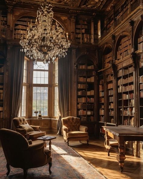 Malfoy Manor Library, Houses With Libraries, Magical School Aesthetic, Castle Interior Aesthetic, Old Money Library, Aesthetic Library Room, Victorian Library Study, Magic Library Aesthetic, Libraries Aesthetic