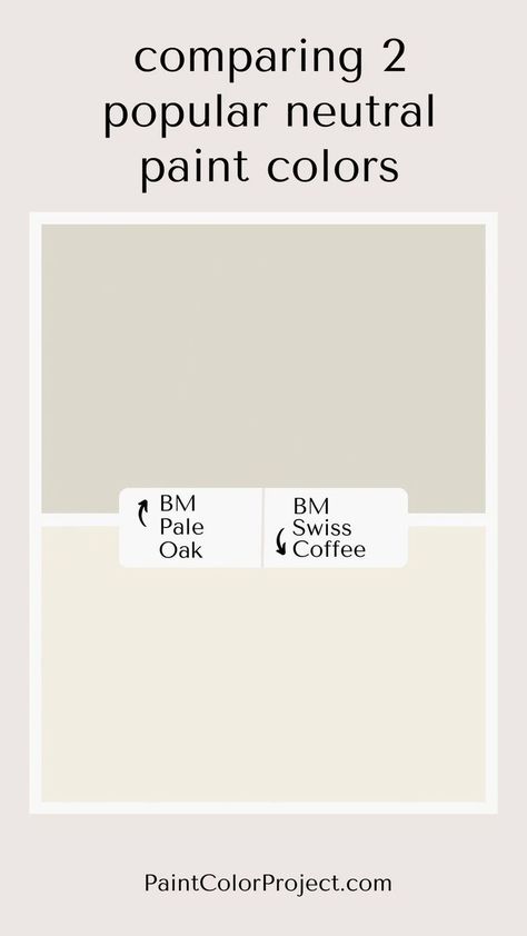 Looking for the perfect warm neutral paint color for your home? Let’s compare Pale Oak vs Swiss Coffee to see if one might be perfect for your space! Pale Oak And Swiss Coffee, Bm Pale Oak, Swiss Coffee Benjamin Moore, Warm Neutral Paint Colors, Cream Paint Colors, Edgecomb Gray, Pale Oak, Swiss Coffee, Neutral Paint Color