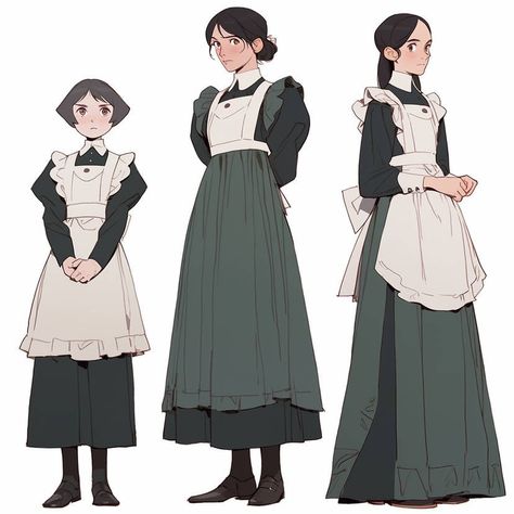 Victorian Maid Character Design, Apron Character Design, 1700s Character Design, Maid Concept Art, Maid Drawing Reference, Maid Outfit Design, Maid Dress Reference, Maid Outfit Reference, Maid Knight