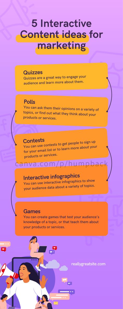 Boost your marketing strategy with our '5 Interactive Content Ideas for Marketing' infographic. Discover five innovative ways to engage your audience and make your content stand out. Click the link to explore and download these interactive ideas now!#InteractiveContent, #MarketingIdeas, #EngageYourAudience, #ContentMarketing, #MarketingStrategies, #CanvaTemplate, #InfographicDesign, #DigitalMarketing, #AudienceEngagement, #CreativeMarketing Purple Illustration, Interactive Infographic, Infographic Template, Audience Engagement, Infographic Marketing, Chart Design, Content Ideas, Mobile Marketing, Infographic Templates