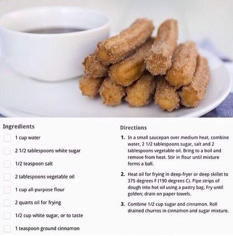 Homemade Churros, Churros Recipe, Yummy Food Dessert, Easy Snacks, Diy Food Recipes, Dessert Recipes Easy, Cooking And Baking, Sweet Recipes, Mexican Food Recipes