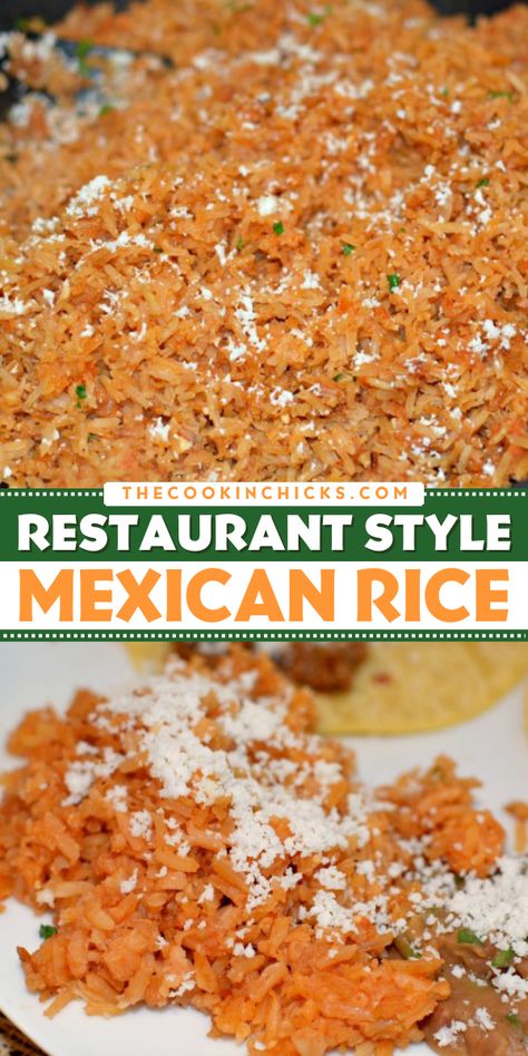 A must-have Cinco de Mayo side dish recipe - Restaurant Style Mexican Rice! The perfect pairing for any Mexican dish, this easy Mexican rice should absolutely be on your Cinco de Mayo dinner menu. You'll have friends and family going back for seconds! Rice To Serve With Tacos, Mexican Restraunt Rice, Mexican P5 Recipe, Rice Like Mexican Restaurant, Mexican Rice With Queso, Authentic Mexican Rice And Beans, Mexican Rice For 2, Cinco De Mayo Meal Ideas, Best Mexican Dinner Recipes