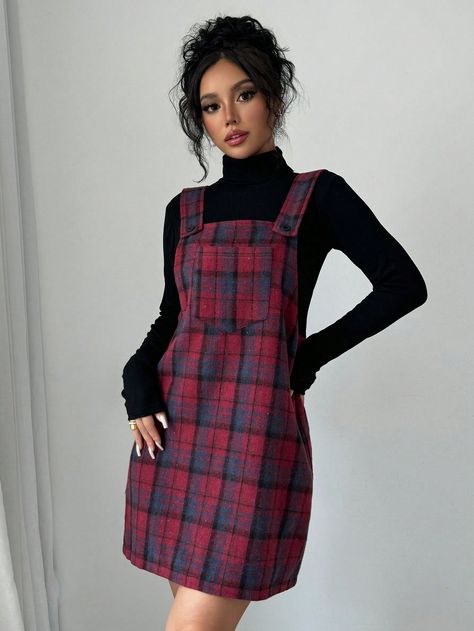 Christmas New Year Casual Loose Pocket Brushed Plaid Cute Pinafore Jumper Dress, Suitable For Autumn/Winter Red Casual  Sleeveless Fabric Plaid,Tartan Pinafore Non-Stretch  Women Clothing, size features are:Bust: ,Length: ,Sleeve Length: Fleece Plaid, Winter Red, Winter Pajamas, Plaid Bow, Casual Hat, Pinafore Dress, Vest Fashion, Women's Shapewear, Womens Fleece