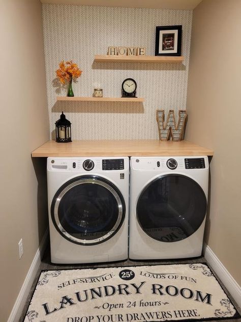 Butcher Block Laundry Room, Countertop Washer, Laundry Room Redesign, Washer Dryer Countertop, Sorting Laundry, Countertop Remodel, Laundry Room Countertop, Butcher Block Countertop, Stairway Decorating