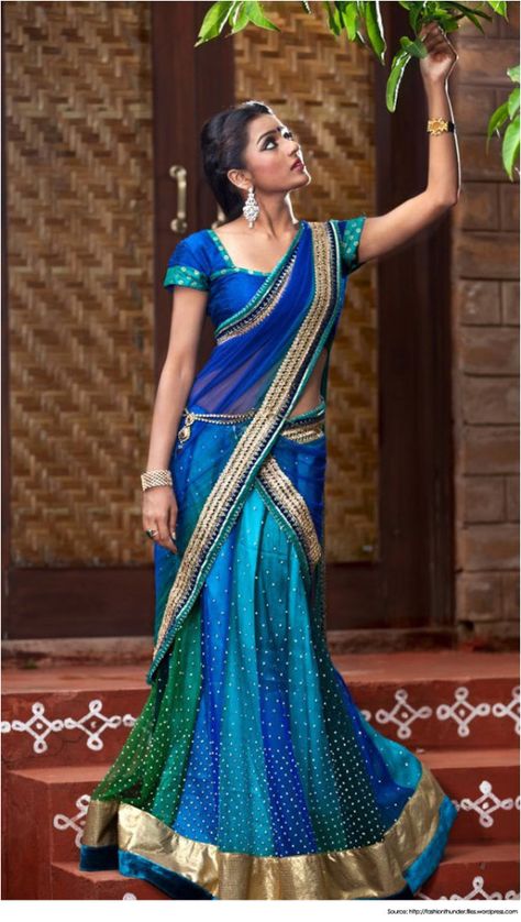 Half-Saree-Designs-Peacock-Shaded-Half-Saree-Design Bhargavi Kunam, Traditional Poses, Lehenga Ideas, Lehenga Sari, Pengantin India, Half Saree Lehenga, Half Sarees, Perhiasan India, Beautiful Sarees