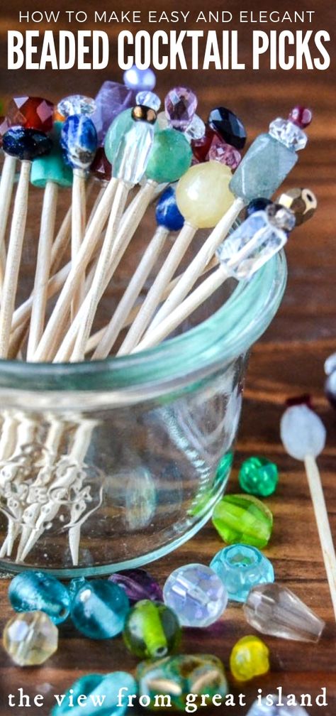 Beaded Cocktail Pick Tutorial ~ these pretty and festive cocktail picks are so easy to put together, you'll want to make a bunch of them to get you through the holiday season! #cocktails, #appetizers #crafts #beads #toothpicks #cocktailpicks #entertaining  via @https://www.pinterest.com/slmoran21/ Toothpick Crafts, Diy Party Crafts, The View From Great Island, Liquor Gifts, Cheese And Wine, Appetizer Picks, Diy Cocktails, Random Crafts, Fancy Cocktails