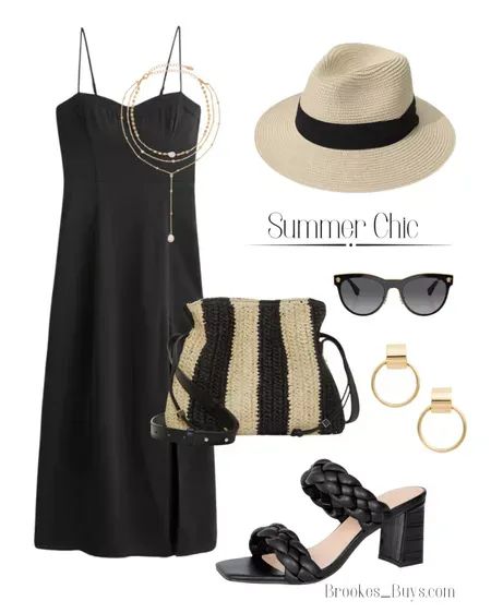 This black midi dress can be worn casual or dressed up. I love this straw bag and hat. Add your favorite sandal. Black Dress For Summer, Trip Fits, Summer Dresses Aesthetic, White Sun Dress, White Sundress, Dresses Aesthetic, Beach Ready, Black Midi, Beach Dresses