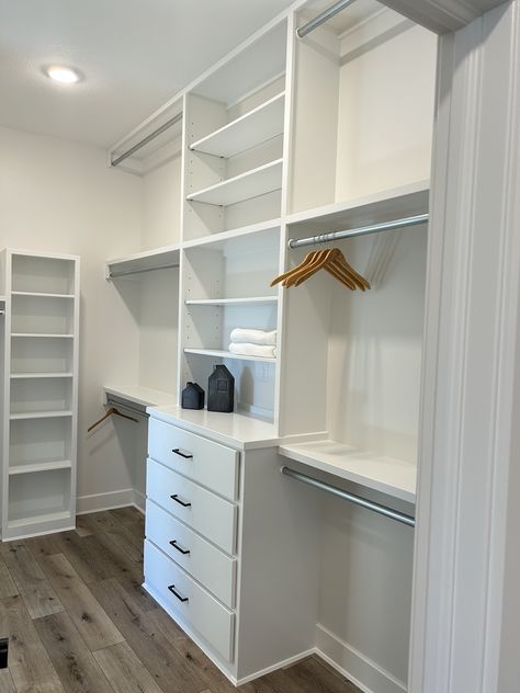 Master Closet Open To Bathroom, Simple Custom Closet Ideas, Drawers In Master Closet, Him And Her Closet Ideas, Custom Closet Ideas Small Walk In, One Sided Walk In Closet, Wedding Dress In Closet, Master Closet Drawers, Small Walk In Closet With Dresser