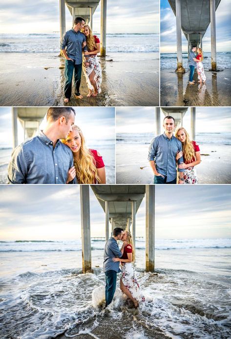 Professional Beach Pictures Couples, Beach Pier Photoshoot, Newport Beach Photoshoot, Couple Beach Pictures Professional, Couple Beach Pictures With Dogs, Beach Pictures Under Pier, Couples Beach Photoshoot In Water, Vacation Portraits, Family Beach Pier Pictures