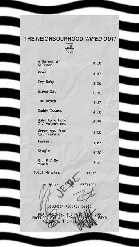 The Neighbourhood Receipt, Wiped Out The Neighbourhood, Stargirl Room, The Neighbourhood Wallpaper, Album Receipt, Wallpaper Tumblr Lockscreen, Random Wallpaper, Song Titles, Valentines Greetings