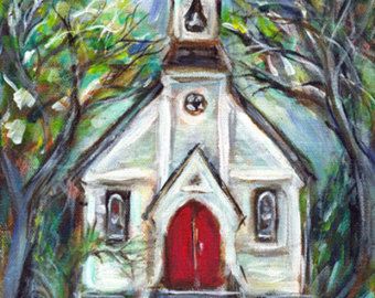 Little cute whimsical church chapel 8 x 10 original painting Church Painting, Old Country Churches, Country Church, Red Door, Painting Class, Christian Art, Painting Projects, Painting Crafts, Painting Inspiration