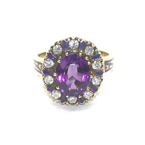 Throughout history, amethysts have been believed to keep the wearer clear-headed and quick-witted. It has also often been associated with royalty; especially in English history and is often seen in royal jewels and regalia. This beauty is a later version of an early Victorian ring; an almost exact copy of one that my grandmother wore from her own antique jewelry collection. The clear purple central stone is surrounded by lovely bright royal blue enamel interspersed with 10  diamonds . Antique Collectible Amethyst Ring With Center Stone, Antique Oval Amethyst Ring Collectible, Antique Oval Amethyst Multi-stone Ring, Antique Oval Gemstone Brooch, Victorian Sterling Silver Hallmarked Amethyst Ring, Victorian Rings, Royal Jewels, Diamond Cluster Ring, Diamond Cluster