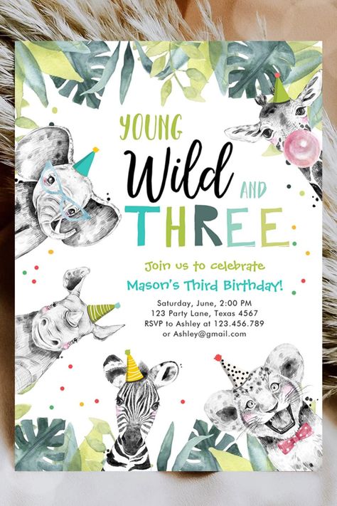 Young Wild and Three Safari Animals Boy Birthday Invitation Wild Three Birthday Party Boy, Three Year Old Birthday Party Ideas, Young Wild And Three Birthday Boy, 3rd Birthday Theme Ideas, Third Birthday Boy, Young Wild And Three Birthday, Third Birthday Boys, 3rd Birthday Party For Boy, Young Wild And Three