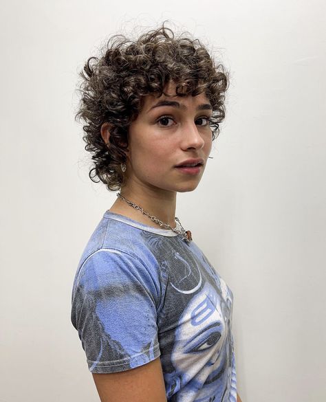 Shags Short Hair, 3b Curly Hair Mullet, 3b Curly Mullet, Short Curly Hair Mullet Woman, Queer Curly Hair, Mod Cut Curly, Soft Mullet Curly Hair, Short Curly Mullet Women, Queer Curly Haircut