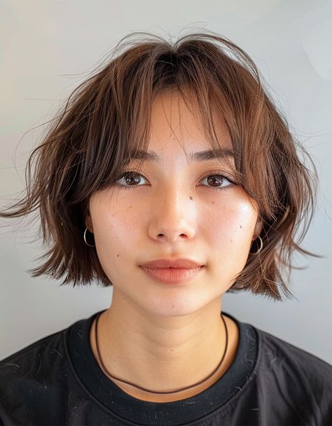 33 Chic Parisian French Bob Haircuts : Effortless Tousled Chestnut Brown Bob Chestnut Brown Bob, French Haircut Medium, Effortless Bob, Blonde Layered Bob, Airy Bangs, Bob Curls, Light Brown Bob, French Haircut, Ash Blonde Bob