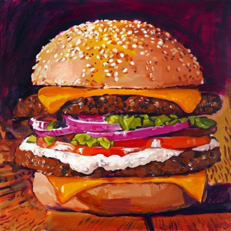 Walter Robinson, Cheeseburger. Courtesy of Dinner Gallery. In N Out Burger, In-n-out Burger, In N Out, Acrylic Paint On Wood, Food Painting, Burger And Fries, Acrylic On Wood, Painting Still Life, Food Drawing