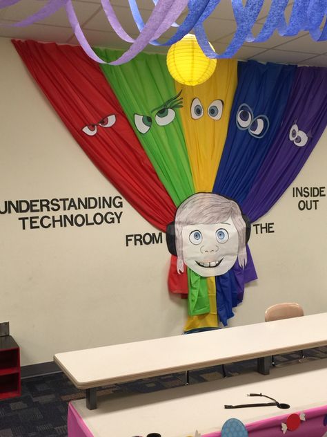 Wall decoration Disney Pixar's "Inside Out" themed classroom Emotions Decoration Classroom, Inside Out Room Decor, Classroom Decor Disney, Inside Out Hallway Decorations, Inside Out Office Decor, Inside Out Themed Party, Inside Out Themed Classroom, Pixar Themed Classroom, Inside Out 2 Classroom Theme