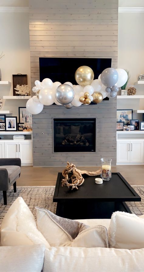 Living Room Balloon Garland, Balloon Arch Mantle, Balloon Arch On Mantle, Balloon Garland On Fireplace Mantle, Balloon Arch Fireplace Mantle, Balloon Garland Fireplace Mantle, House Warming Balloon Garland, Fireplace Balloon Arch, Balloons On Fireplace