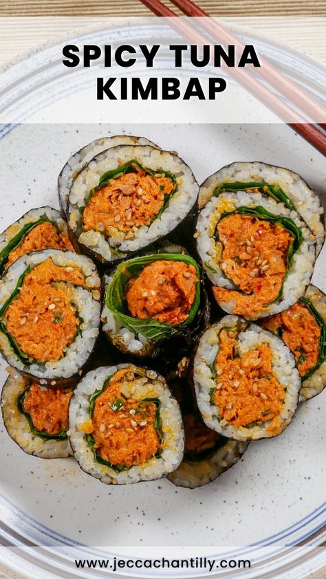 Easy Korean Spicy Tuna Kimbap Recipe - Jecca Chantilly Tuna Kimbap Recipe, Tuna Bibimbap, Tuna Kimbap, Kimbap Recipe, Korea Recipes, Sukiyaki Recipe, Kim Chee, Korean Food Side Dishes, Perilla Leaves