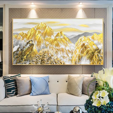 Golden Mountain Painting, Gold Mountain Painting, Mountain Painting, Create Picture, Gold Wall Art, Beautiful Painting, Gold Wall, Acrylic Oil Painting, Mountain Paintings