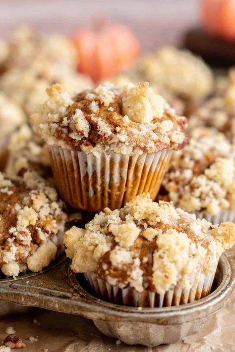 Pumpkin Pecan Muffins, Pecan Streusel Topping, Pecan Muffins, Muffin Batter, Crunchy Pecans, Pumpkin Pecan, Streusel Topping, Butter Pecan, Pumpkin Muffins