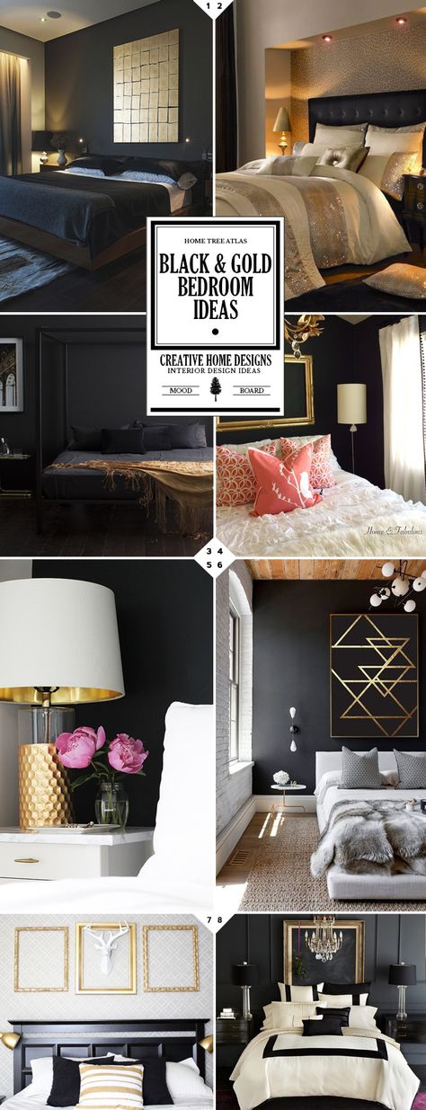 Black and gold. Now that is a classy combination for a bedroom color palette. It can be a bit tough trying to figure out which parts of the bedroom to make black and which parts to make gold without overdoing it. There is the mood board above that shows different interior designs, and here is […] Black And Gold Bedroom Ideas, Black And Gold Bedroom, Black White And Gold Bedroom, Black And Silver Bedroom, Gold Bedroom Ideas, Black Gold Bedroom, Silver Bedroom, Gold Rooms, Black Bedroom Furniture