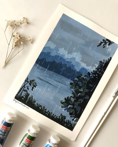 Depth Painting Ideas, Small Acrylic Landscape Paintings, Simple Paintings Landscape, Painting Ideas Difficult, Gouche Painting Ideas Easy Landscape, Rainy Painting Easy, Canvas Painting Ideas Mini, Simple Gouache Painting Tutorial, Paint Inspo Aesthetic