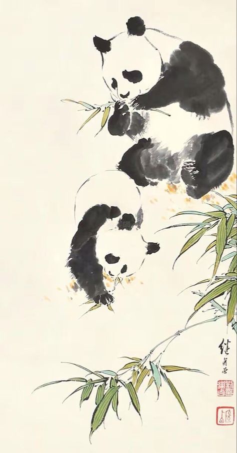 Panda Chinese Painting, Chinese Artwork Traditional, Chinese Caligraphy Art Artworks, Chinese Drawing Traditional, Japanese Watercolor Paintings, Asian Drawings, Chinese Drawing, Chinese Panda, Panda Artwork