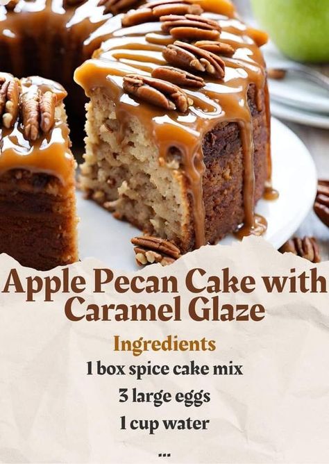 Grandm'a old recipes Apple Pecan Cake With Caramel Glaze, Pecan Caramel Cake, Apple Pecan Cake, Cooking Desserts, Cake With Caramel, Caramel Glaze, Spice Cake Mix, Pecan Cake, Caramel Cake