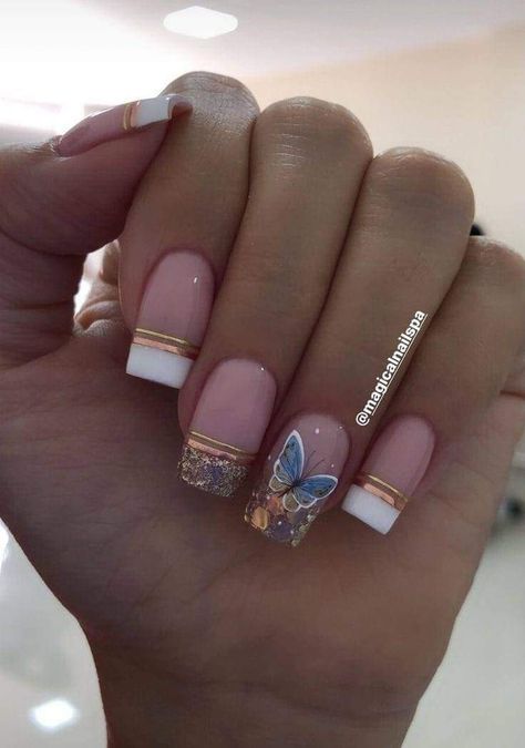 Square Nails Design Ideas, Tape Nail Designs, Acrylic Square Nails, Square Nails Design, French Manicure Acrylic Nails, Nails Design Ideas, Hard Gel Nails, Butterfly Girl, Natural Spring